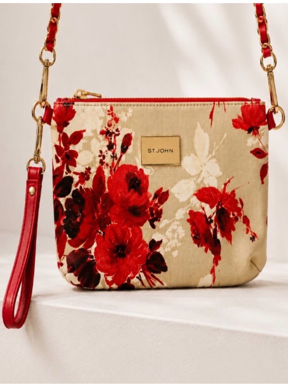 St. John Convertible Red Poppy Floral Crossbody Bag & Wristlet